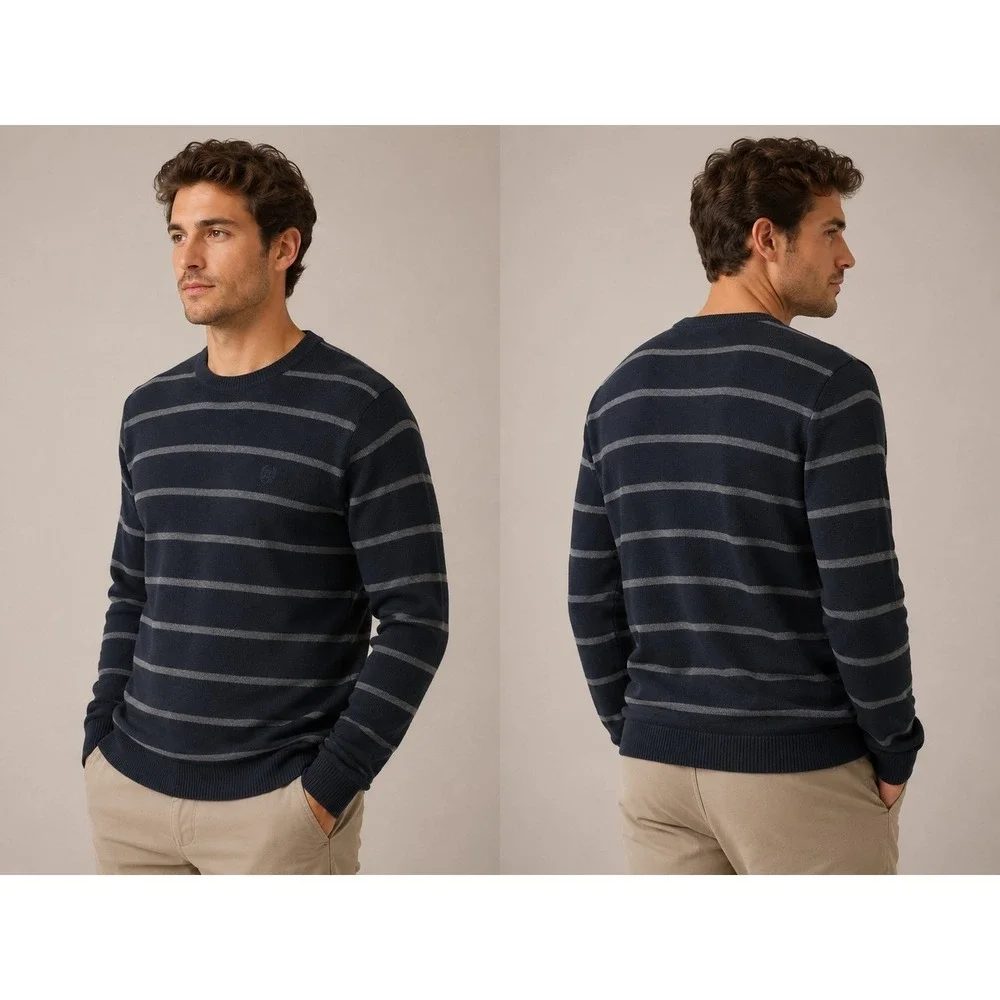 Chaps Mens Large Black Gray Striped Crewneck Sweater Cotton Pullover